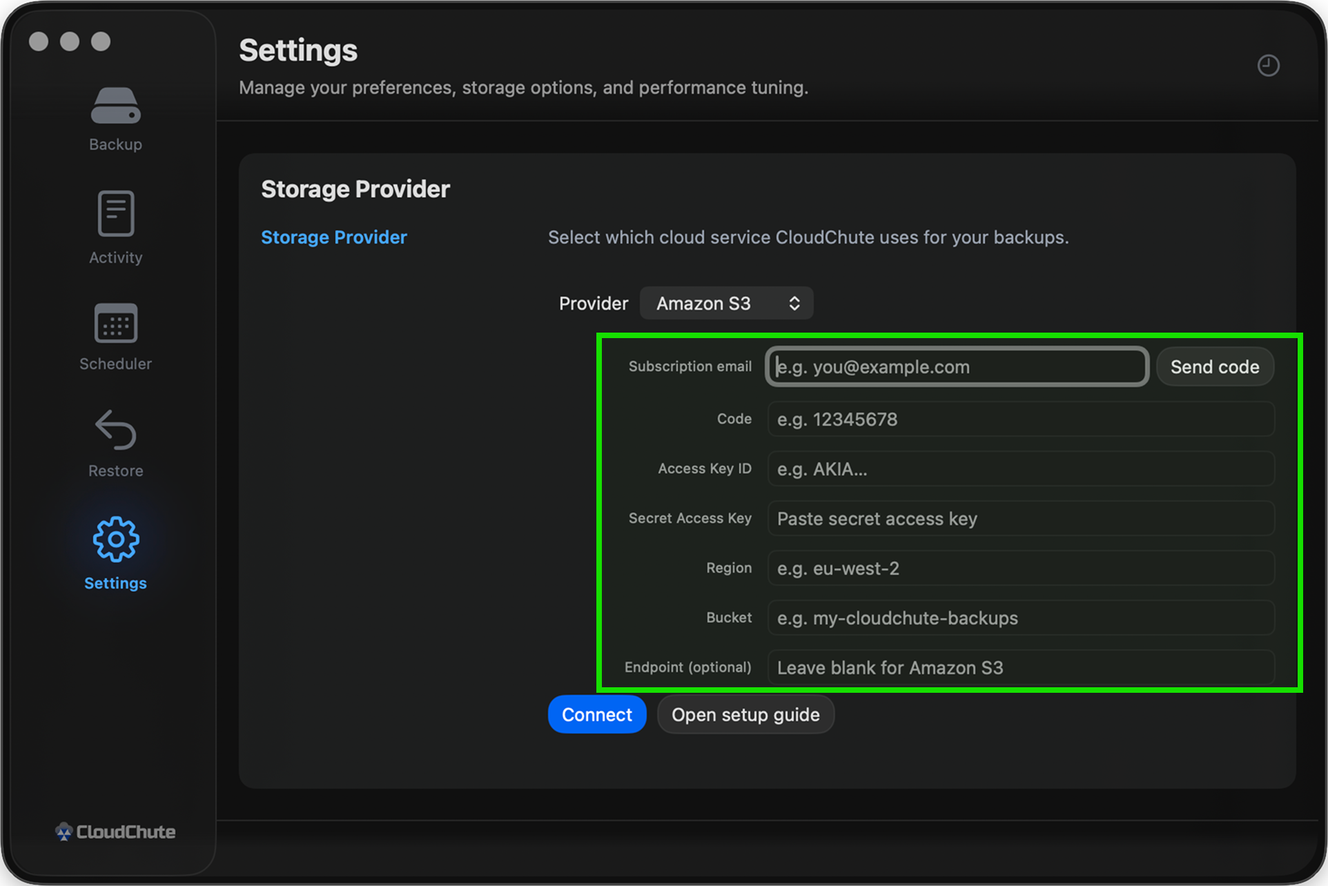CloudChute Settings with Amazon S3 selected