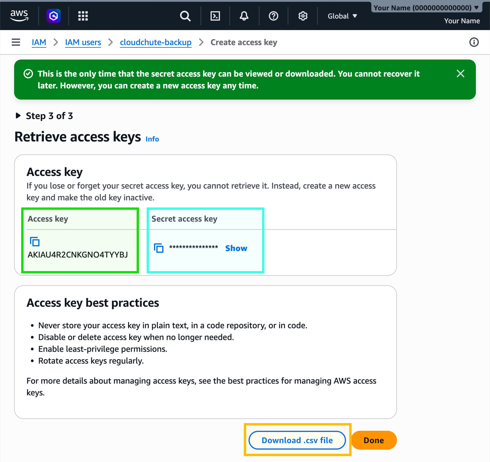 Retrieve the access key and secret access key